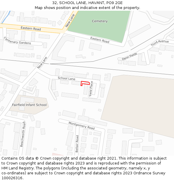32, SCHOOL LANE, HAVANT, PO9 2GE: Location map and indicative extent of plot