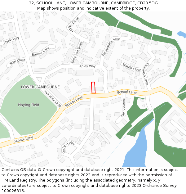 32, SCHOOL LANE, LOWER CAMBOURNE, CAMBRIDGE, CB23 5DG: Location map and indicative extent of plot