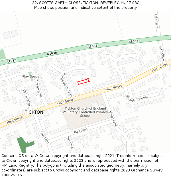 32, SCOTTS GARTH CLOSE, TICKTON, BEVERLEY, HU17 9RQ: Location map and indicative extent of plot