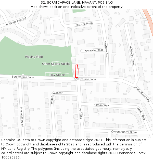 32, SCRATCHFACE LANE, HAVANT, PO9 3NG: Location map and indicative extent of plot