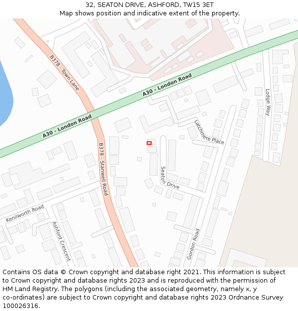 32, SEATON DRIVE, ASHFORD, TW15 3ET: Location map and indicative extent of plot