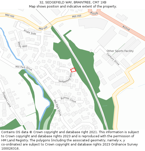 32, SEDGEFIELD WAY, BRAINTREE, CM7 1XB: Location map and indicative extent of plot