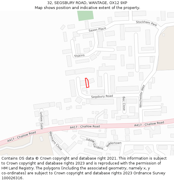 32, SEGSBURY ROAD, WANTAGE, OX12 9XP: Location map and indicative extent of plot