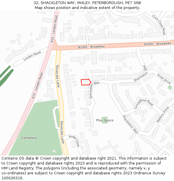 32, SHACKLETON WAY, YAXLEY, PETERBOROUGH, PE7 3AB: Location map and indicative extent of plot
