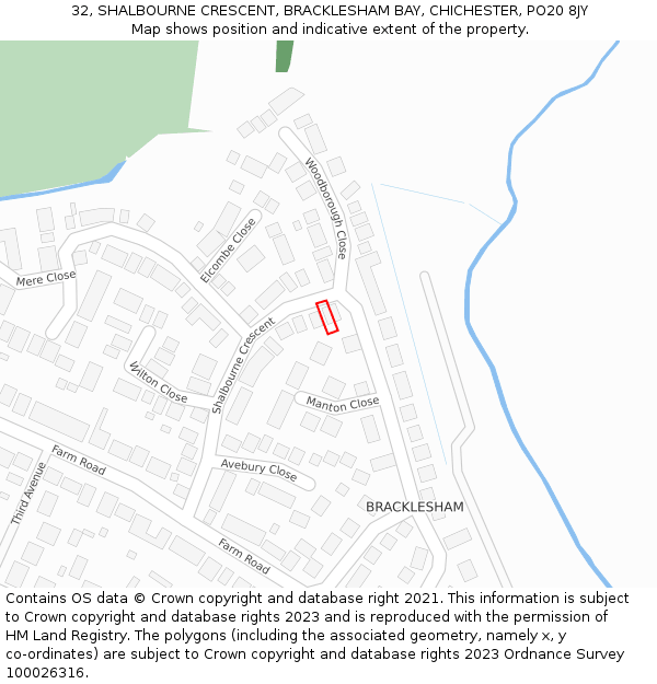 32, SHALBOURNE CRESCENT, BRACKLESHAM BAY, CHICHESTER, PO20 8JY: Location map and indicative extent of plot