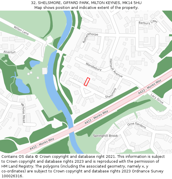 32, SHELSMORE, GIFFARD PARK, MILTON KEYNES, MK14 5HU: Location map and indicative extent of plot