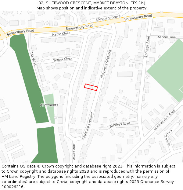 32, SHERWOOD CRESCENT, MARKET DRAYTON, TF9 1NJ: Location map and indicative extent of plot