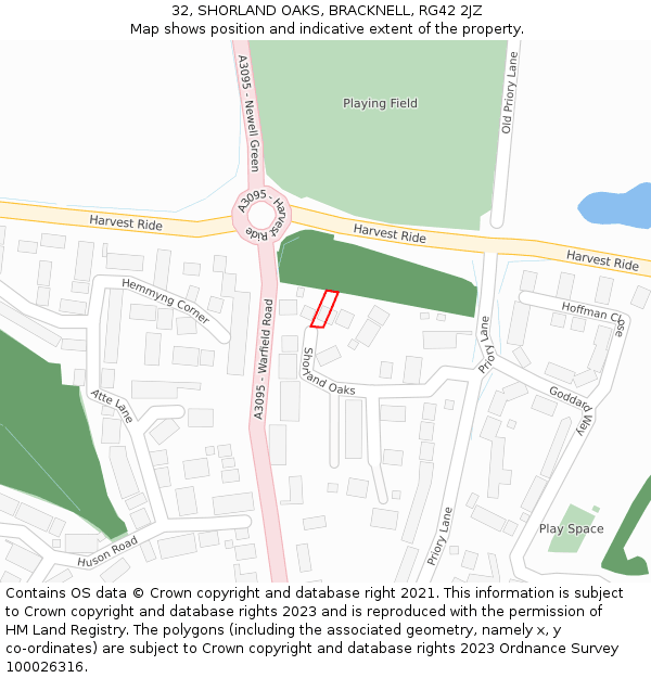 32, SHORLAND OAKS, BRACKNELL, RG42 2JZ: Location map and indicative extent of plot