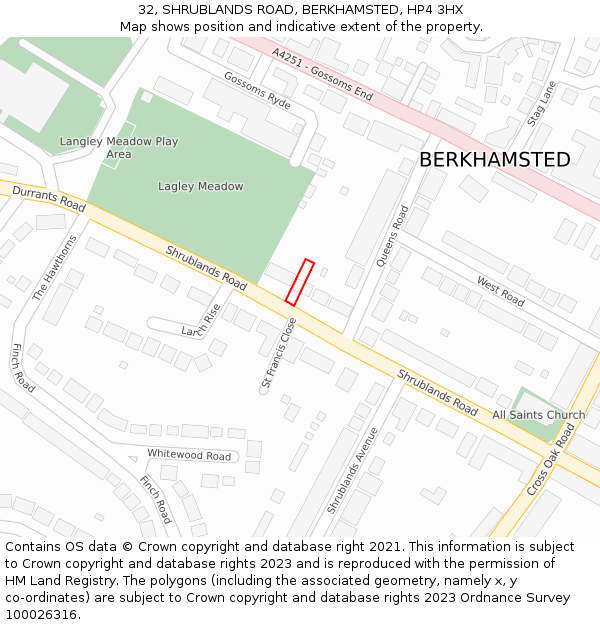 32, SHRUBLANDS ROAD, BERKHAMSTED, HP4 3HX: Location map and indicative extent of plot