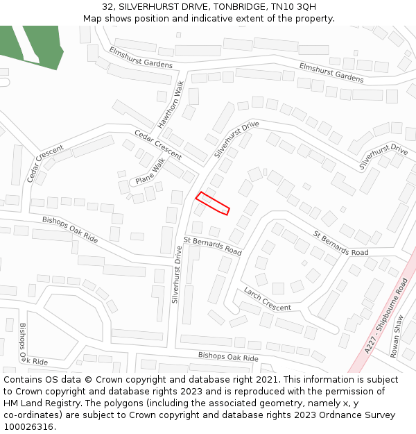 32, SILVERHURST DRIVE, TONBRIDGE, TN10 3QH: Location map and indicative extent of plot