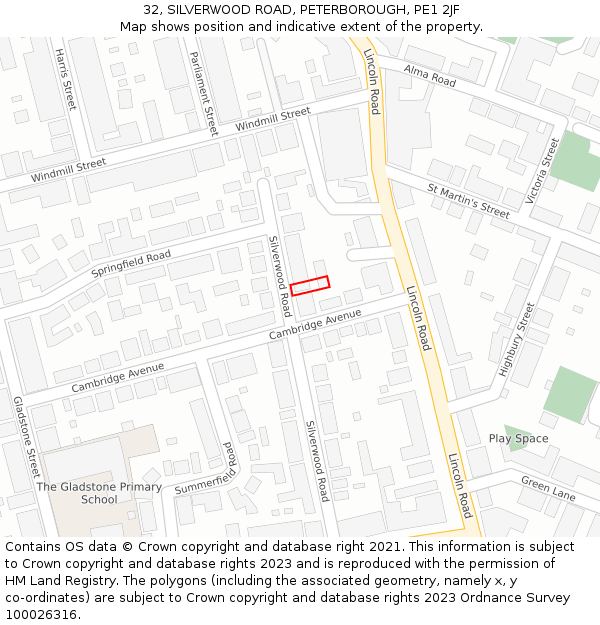 32, SILVERWOOD ROAD, PETERBOROUGH, PE1 2JF: Location map and indicative extent of plot