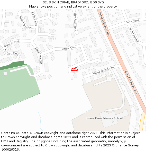 32, SISKIN DRIVE, BRADFORD, BD6 3YQ: Location map and indicative extent of plot