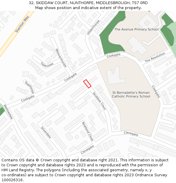 32, SKIDDAW COURT, NUNTHORPE, MIDDLESBROUGH, TS7 0RD: Location map and indicative extent of plot
