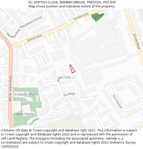 32, SKIPTON CLOSE, BAMBER BRIDGE, PRESTON, PR5 6HF: Location map and indicative extent of plot