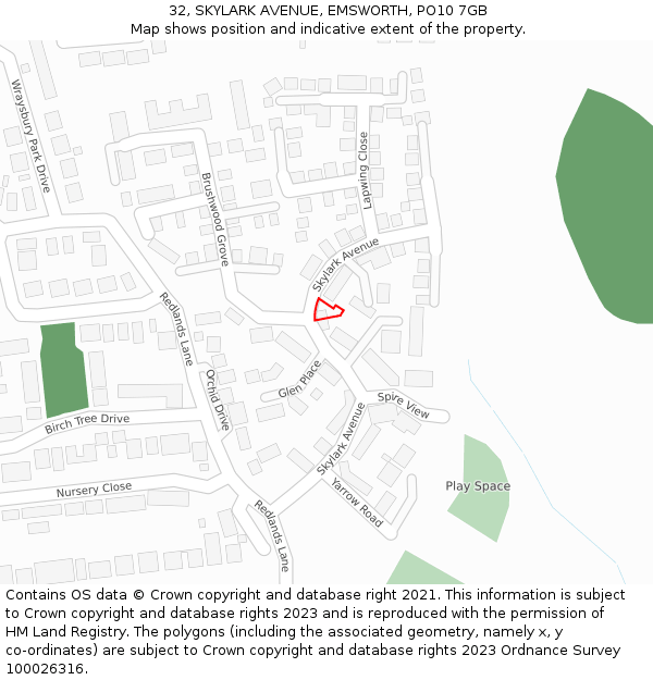 32, SKYLARK AVENUE, EMSWORTH, PO10 7GB: Location map and indicative extent of plot