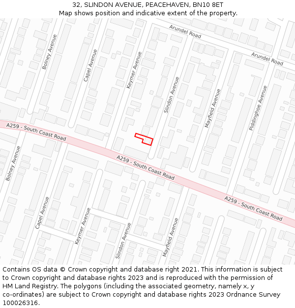 32, SLINDON AVENUE, PEACEHAVEN, BN10 8ET: Location map and indicative extent of plot