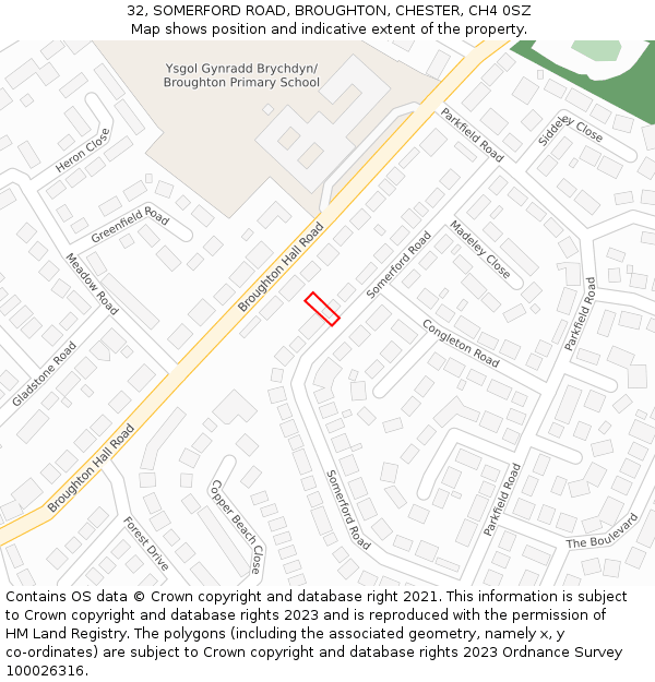 32, SOMERFORD ROAD, BROUGHTON, CHESTER, CH4 0SZ: Location map and indicative extent of plot