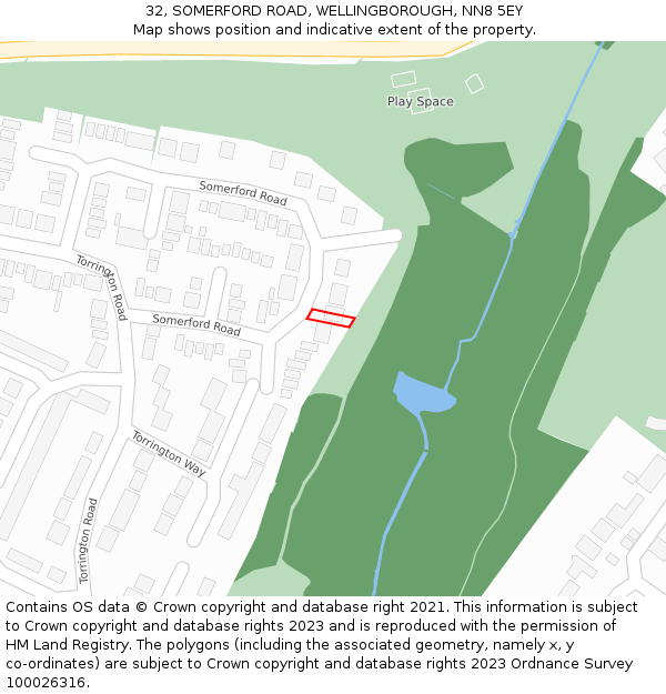 32, SOMERFORD ROAD, WELLINGBOROUGH, NN8 5EY: Location map and indicative extent of plot