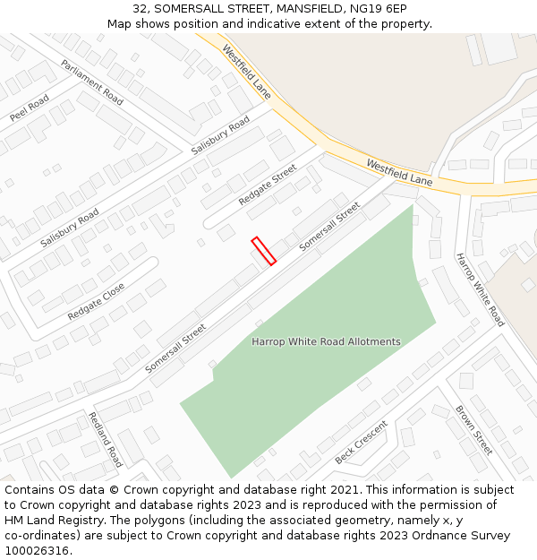 32, SOMERSALL STREET, MANSFIELD, NG19 6EP: Location map and indicative extent of plot