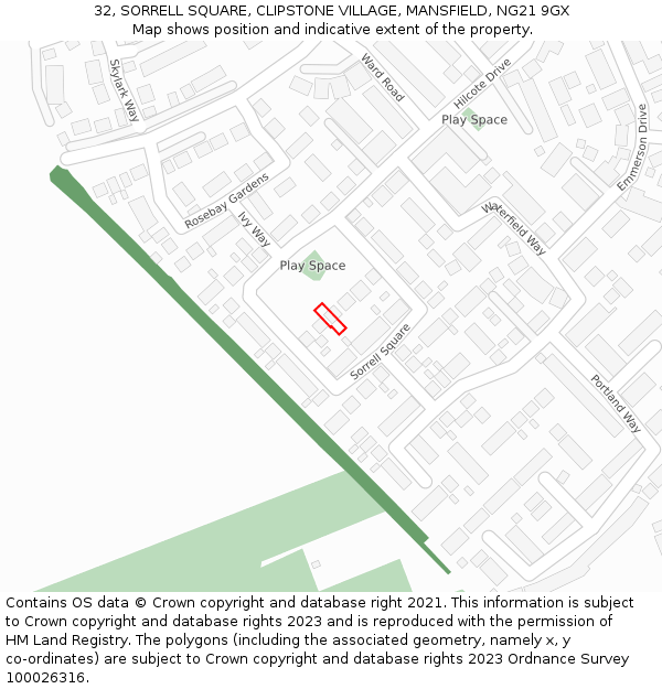 32, SORRELL SQUARE, CLIPSTONE VILLAGE, MANSFIELD, NG21 9GX: Location map and indicative extent of plot