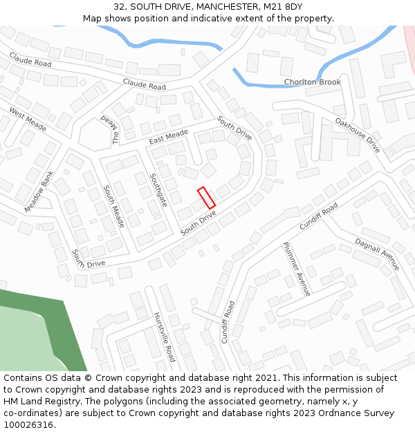 32, SOUTH DRIVE, MANCHESTER, M21 8DY: Location map and indicative extent of plot