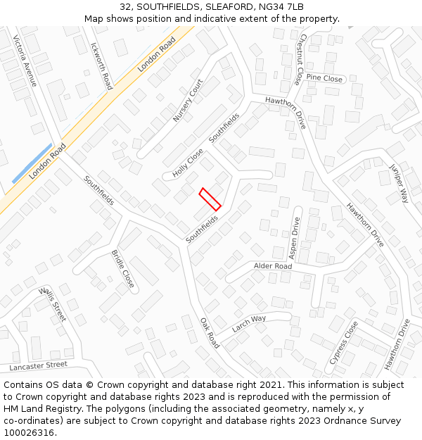 32, SOUTHFIELDS, SLEAFORD, NG34 7LB: Location map and indicative extent of plot