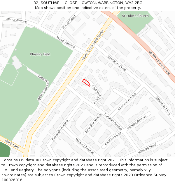 32, SOUTHWELL CLOSE, LOWTON, WARRINGTON, WA3 2RG: Location map and indicative extent of plot