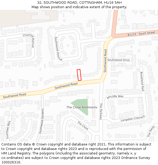 32, SOUTHWOOD ROAD, COTTINGHAM, HU16 5AH: Location map and indicative extent of plot