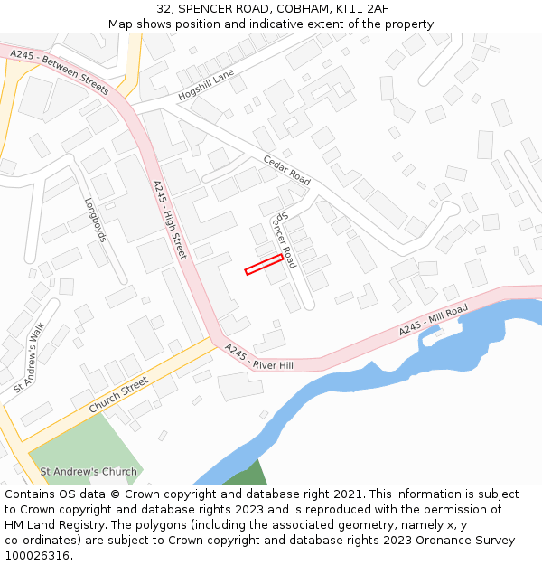 32, SPENCER ROAD, COBHAM, KT11 2AF: Location map and indicative extent of plot