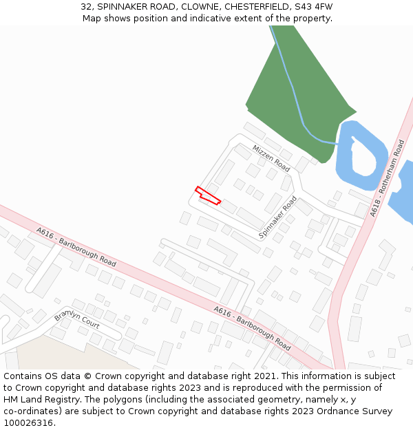 32, SPINNAKER ROAD, CLOWNE, CHESTERFIELD, S43 4FW: Location map and indicative extent of plot