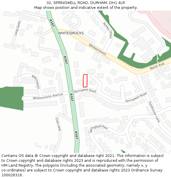 32, SPRINGWELL ROAD, DURHAM, DH1 4LR: Location map and indicative extent of plot