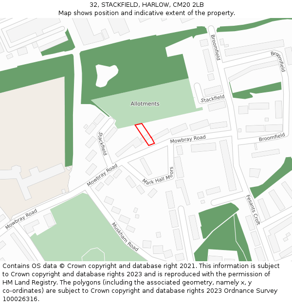 32, STACKFIELD, HARLOW, CM20 2LB: Location map and indicative extent of plot