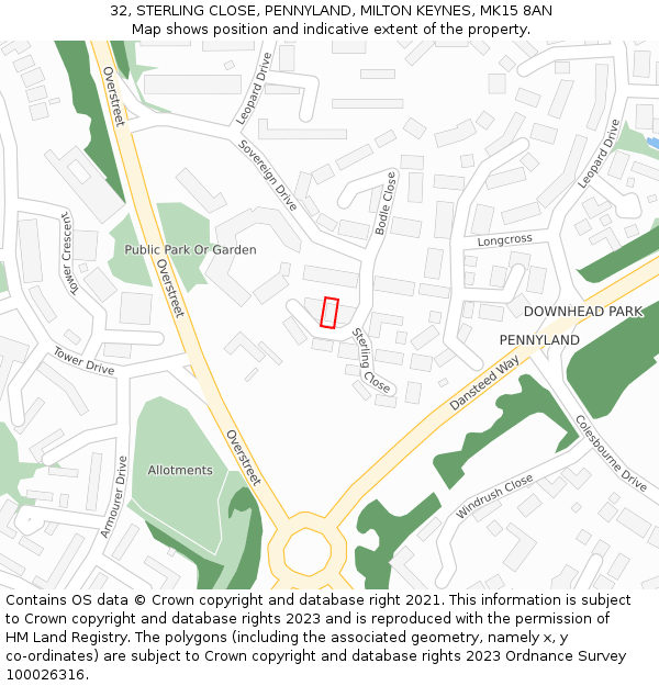 32, STERLING CLOSE, PENNYLAND, MILTON KEYNES, MK15 8AN: Location map and indicative extent of plot