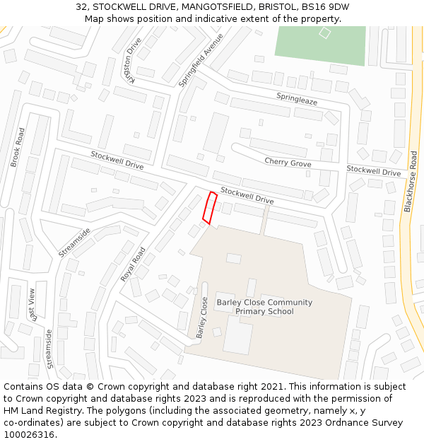 32, STOCKWELL DRIVE, MANGOTSFIELD, BRISTOL, BS16 9DW: Location map and indicative extent of plot