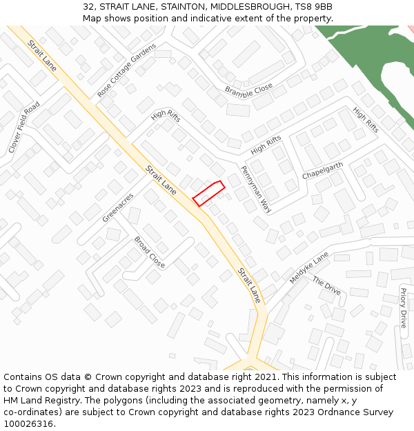 32, STRAIT LANE, STAINTON, MIDDLESBROUGH, TS8 9BB: Location map and indicative extent of plot