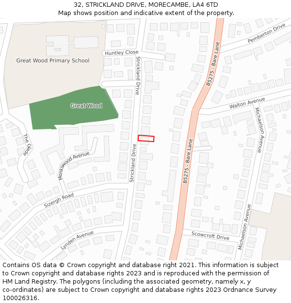 32, STRICKLAND DRIVE, MORECAMBE, LA4 6TD: Location map and indicative extent of plot