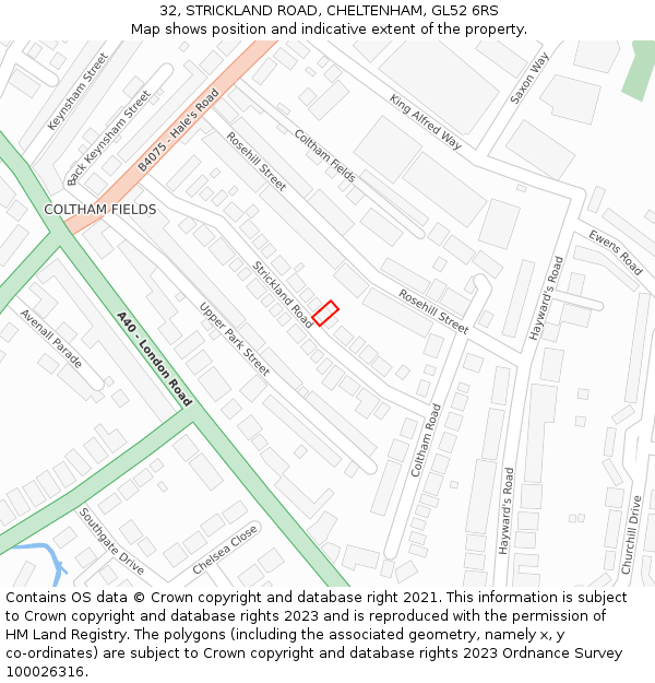 32, STRICKLAND ROAD, CHELTENHAM, GL52 6RS: Location map and indicative extent of plot