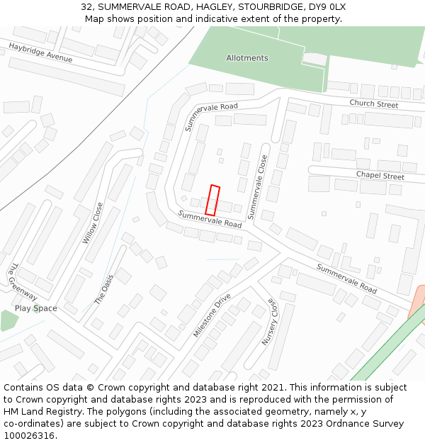 32, SUMMERVALE ROAD, HAGLEY, STOURBRIDGE, DY9 0LX: Location map and indicative extent of plot