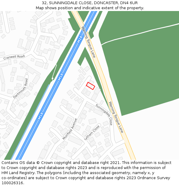 32, SUNNINGDALE CLOSE, DONCASTER, DN4 6UR: Location map and indicative extent of plot