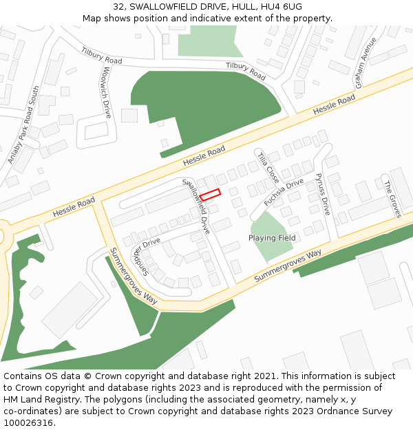 32, SWALLOWFIELD DRIVE, HULL, HU4 6UG: Location map and indicative extent of plot