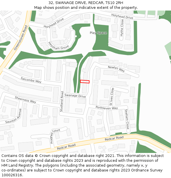 32, SWANAGE DRIVE, REDCAR, TS10 2RH: Location map and indicative extent of plot