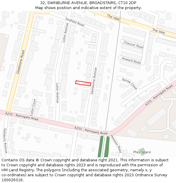 32, SWINBURNE AVENUE, BROADSTAIRS, CT10 2DP: Location map and indicative extent of plot