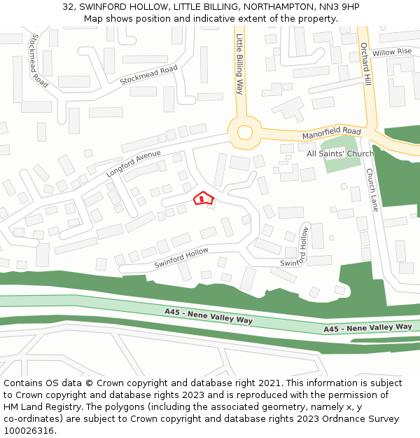 32, SWINFORD HOLLOW, LITTLE BILLING, NORTHAMPTON, NN3 9HP: Location map and indicative extent of plot