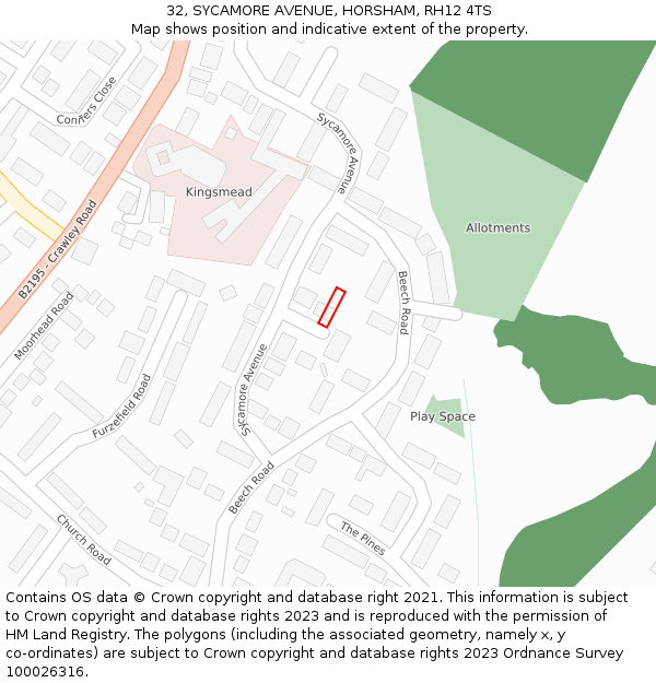 32, SYCAMORE AVENUE, HORSHAM, RH12 4TS: Location map and indicative extent of plot