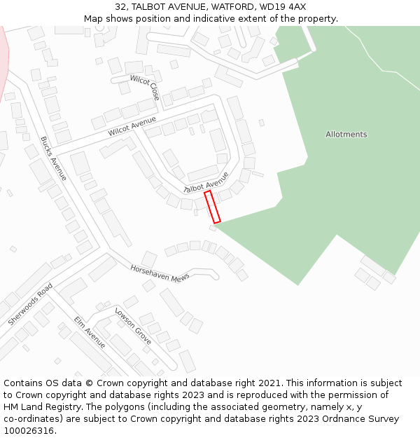 32, TALBOT AVENUE, WATFORD, WD19 4AX: Location map and indicative extent of plot