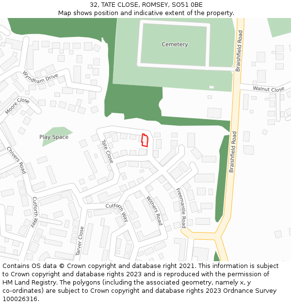 32, TATE CLOSE, ROMSEY, SO51 0BE: Location map and indicative extent of plot