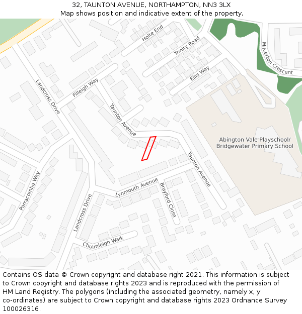 32, TAUNTON AVENUE, NORTHAMPTON, NN3 3LX: Location map and indicative extent of plot