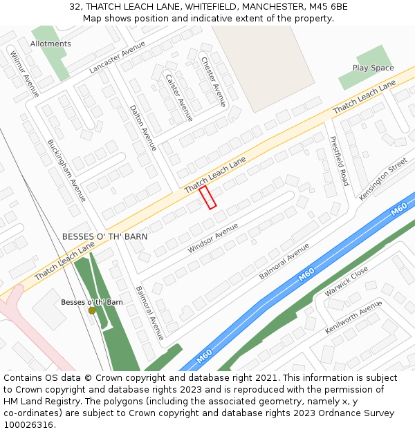 32, THATCH LEACH LANE, WHITEFIELD, MANCHESTER, M45 6BE: Location map and indicative extent of plot