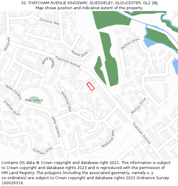 32, THATCHAM AVENUE KINGSWAY, QUEDGELEY, GLOUCESTER, GL2 2BJ: Location map and indicative extent of plot