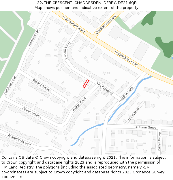 32, THE CRESCENT, CHADDESDEN, DERBY, DE21 6QB: Location map and indicative extent of plot